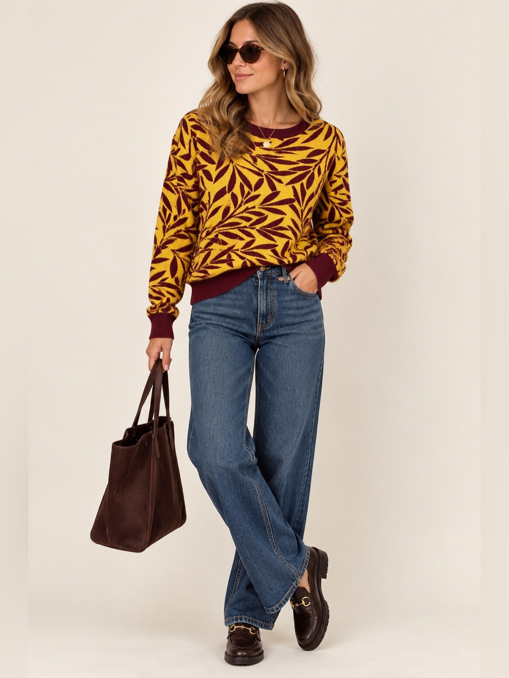 Jonathan Saunders Yellow Burgundy Graphic Leaf Print Sweater Medium Crewneck